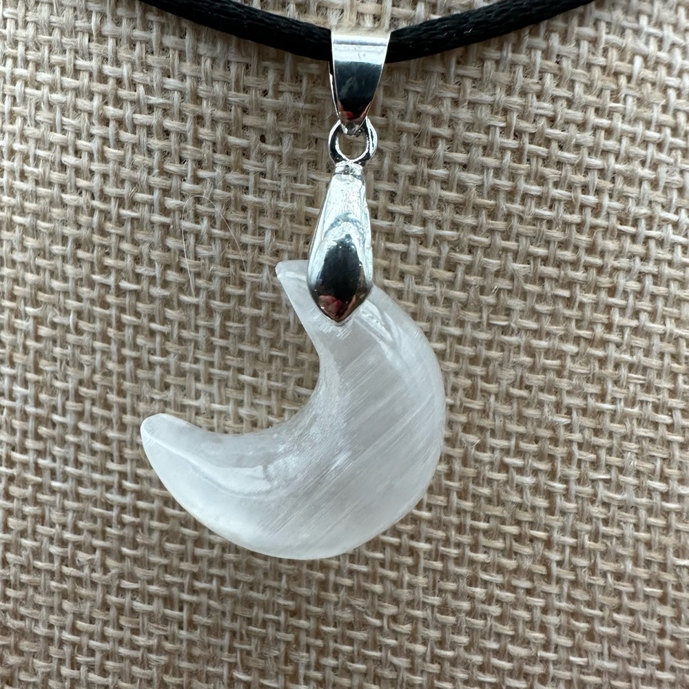 Small Selenite Crescent Moon Pendant on Black Satin Rope - Picture 2 of 7